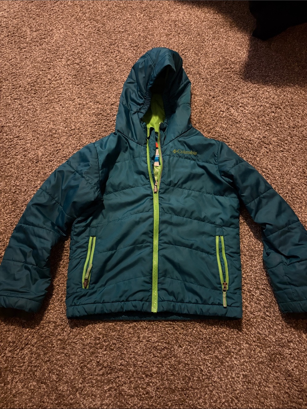 Columbia Teal Hooded Puffer Jacket with Lime Zipper Accents